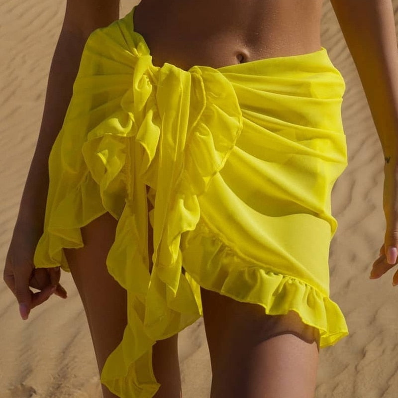 Mesh Mini Ruffle Skirts Women Cover Up Tassel Dress Bikini Solid Bathing Skirt Women Swimwear Pareo Scarf Beachwear Wrap