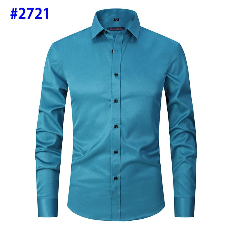 Men&#39;s Dress Shirts Casual Slim Fit Long Sleeve Male Social Shirts Comfortable Non Iron Solid Chemise Homme Blue