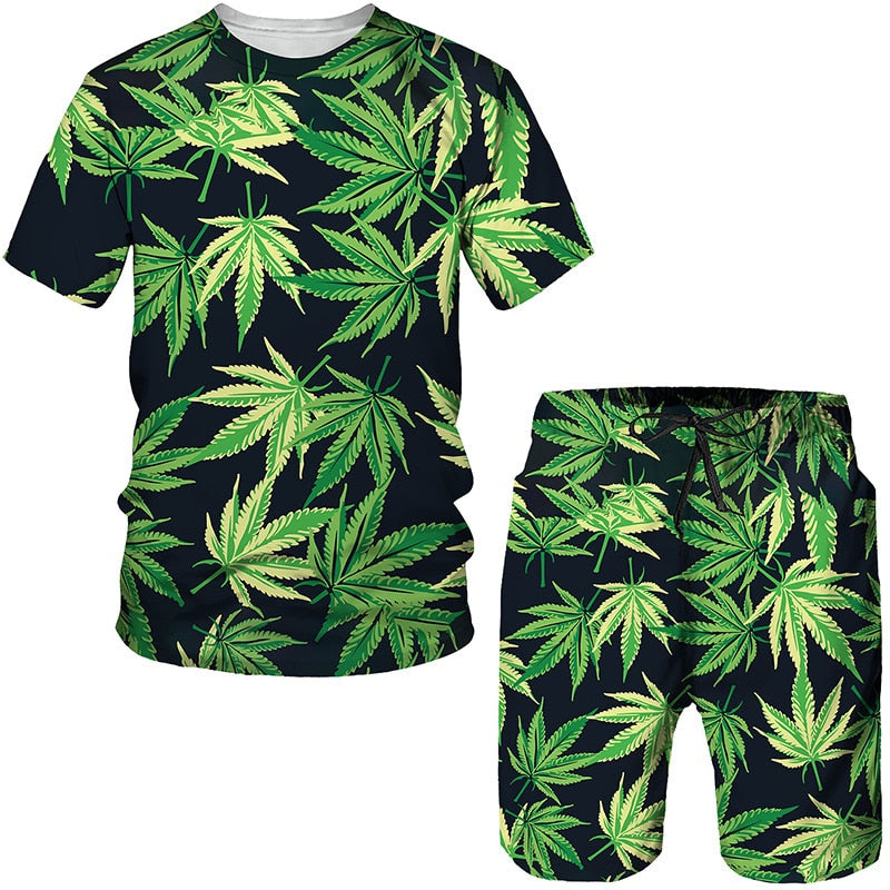 Summer Men&#39;s Clothing Street Green Leaves Beach Fashion T Shirt Men Sets Shorts Outfits 3D Print Casual O-Neck Short Pants Suits