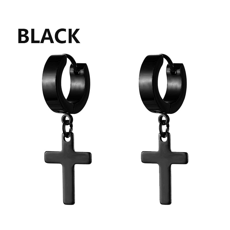 2pc Stainless Steel Men Cross Stars Punk Dangle Earrings Gothic Woman Cross Ear Hoop Earrings Huggies Pendant Piercing Jewelry