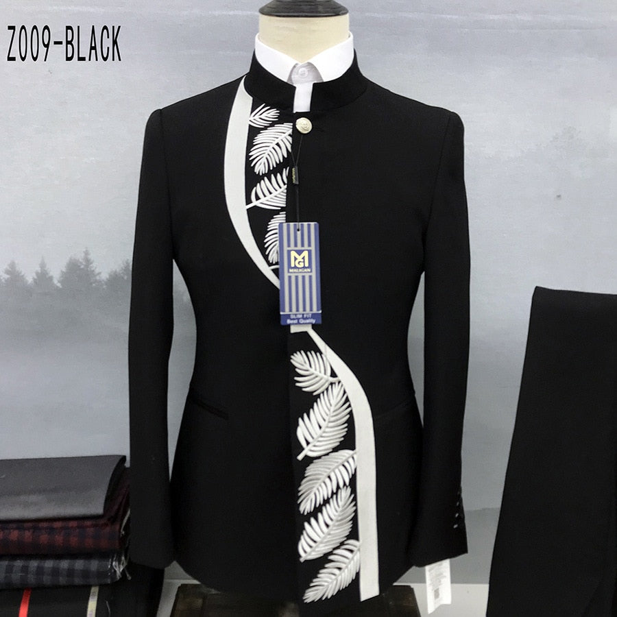 Fashion New Men&#39;s Casual Boutique Chinese Stand Collar Tunic Design Suit 2 Piece Set Blazers Jacket Coat Pants Trousers