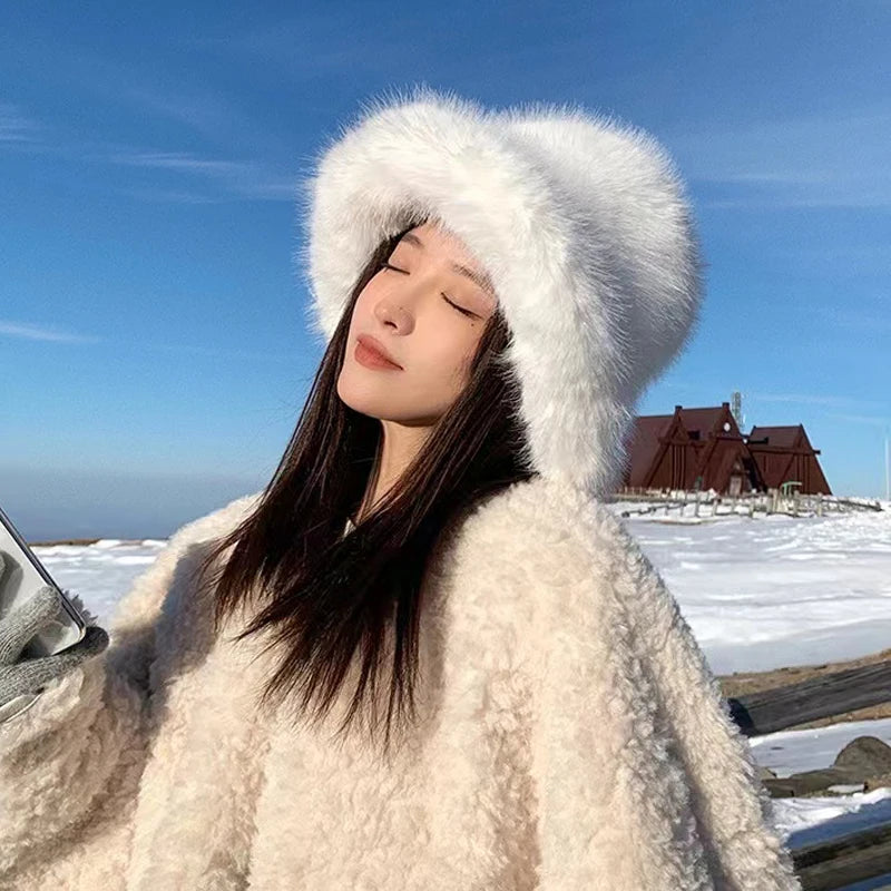 Fluffy Faux Fur Bucket Hats Women Rabbit Fur Warm Thick Plush Winter Hat Lady Fashion Luxury Panama Furry Fisherman Cap Y2k