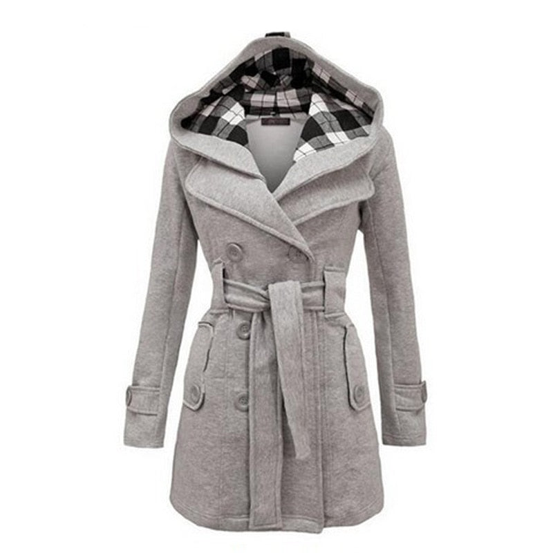 Autumn Winter Mid-Length Women's Solid Color Cotton Hooded Jacket Coat Casual Double-breasted  Keep Warm Outerwear Lady Coats