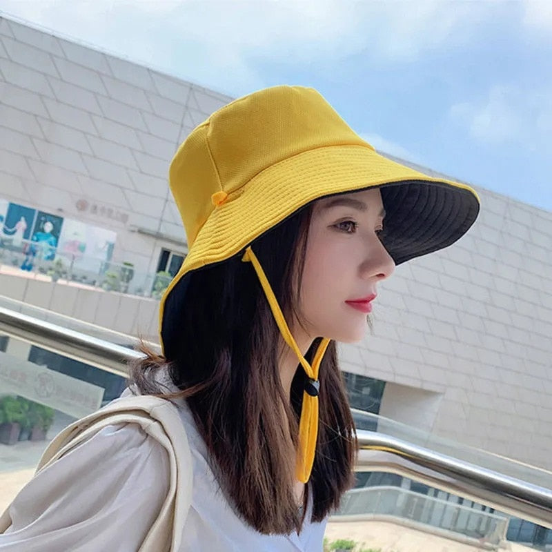 Drawstring Sun Hats Dual Purpose Summer Sunscreen Wide Brim Visor Caps Men Outdoors Fishing Travel Waterproof Mountaineering Hat