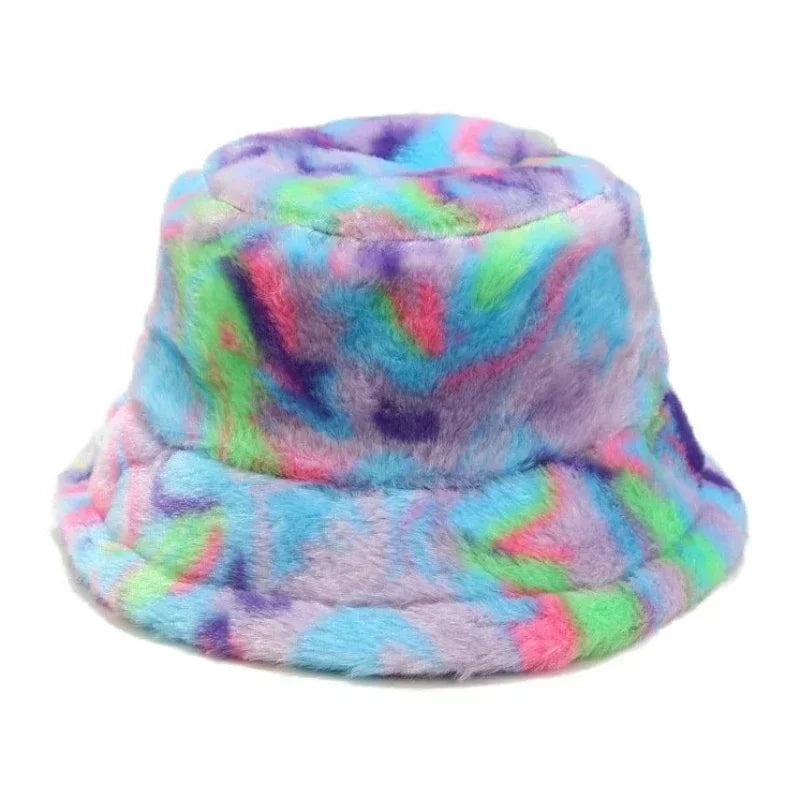 Winter Bucket Hats Women Fashion Print Ladies Warm Panama Hat Wool Soft Velvet Thickened Fur Rabbit Hair Outdoor Fisherman Hat