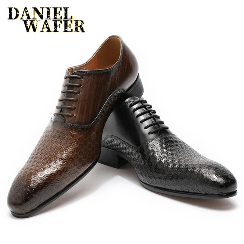 Daniel Wafer Man Shoes Luxury Genuine Leather Geometric Prints Office Wedding Man Formal Black Lace Up Pointed Toe Oxford Shoes
