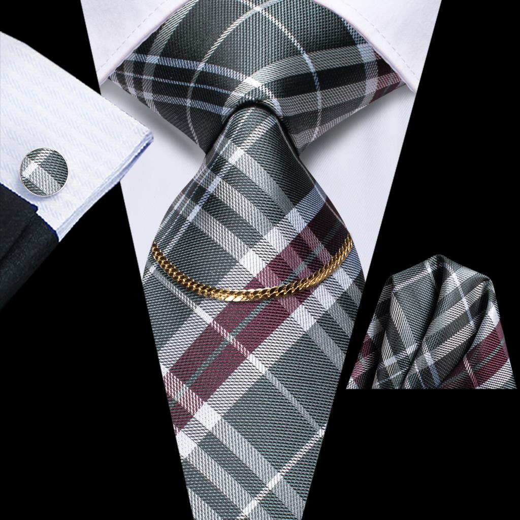 Hi-Tie Business Black Luxury Plaid Mens Tie Silk Neckties  Fashion Tie Chain Hanky Cufflinks Set Design Gift For Men Wedding