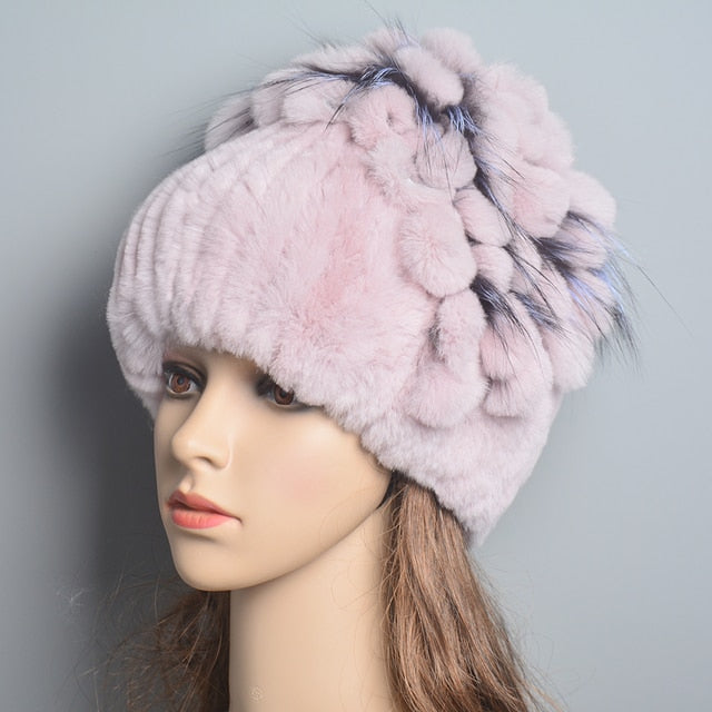 Brand Women Genuine Rex Rabbit Fur Hats Winter Rex Rabbit Fur Beanies Striped Top Flower Fox Fur Warm Real Fur Knit Caps