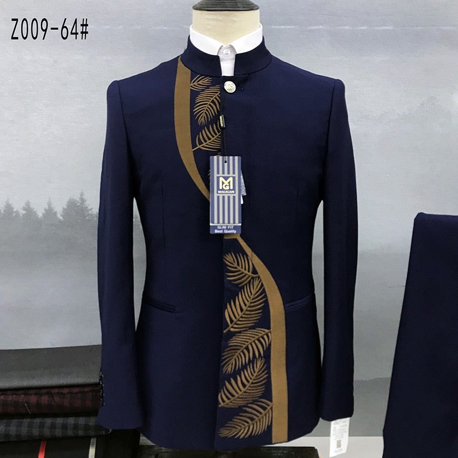 Fashion New Men&#39;s Casual Boutique Chinese Stand Collar Tunic Design Suit 2 Piece Set Blazers Jacket Coat Pants Trousers