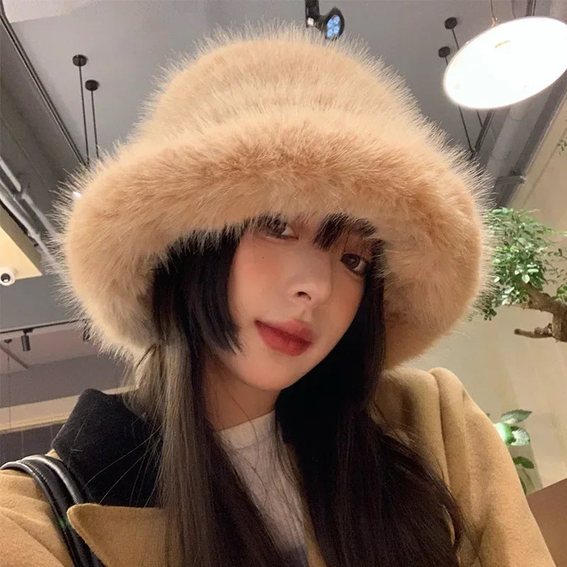 Fluffy Faux Fur Bucket Hats Women Rabbit Fur Warm Thick Plush Winter Hat Lady Fashion Luxury Panama Furry Fisherman Cap Y2k