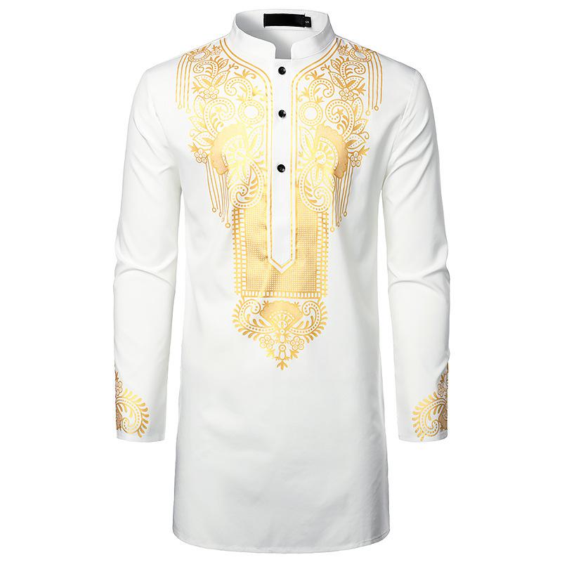 Luxury Casual Islamic Arabic Abaya Robe Fashion Ethnic Print Stand Collar Youth Mid-length Shirt Coat 2023 Muslim Men Clothing