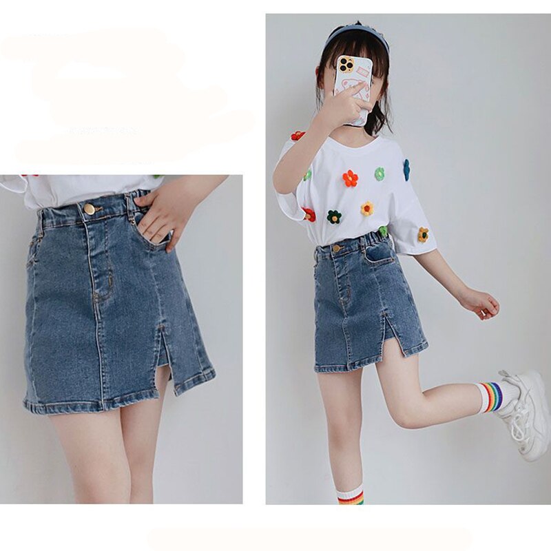 Kids Denim Skirt for Girls High Waist A-line Skirt Outside Wear New Children Teenager Split Cowboy Skirts 4 6 8 10 12 14