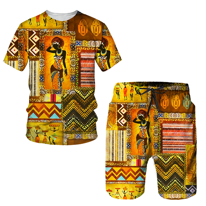 Men&#39;s African Style Summer Tracksuit Ethnic Totem Print T-Shirt Shorts Set Casual Clothing Vintage Oversized Fashion Outfits