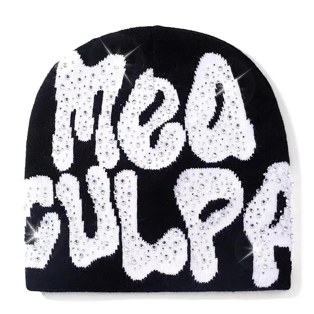 NEW Y2K MEA Culpa Beanies Hat with Rhinestone for Women Men Beanies Hats Hip-hop Soft Stretch Warm Knitted Slouchy Cap