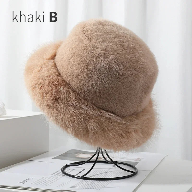 Fluffy Faux Fur Bucket Hats Women Rabbit Fur Warm Thick Plush Winter Hat Lady Fashion Luxury Panama Furry Fisherman Cap Y2k