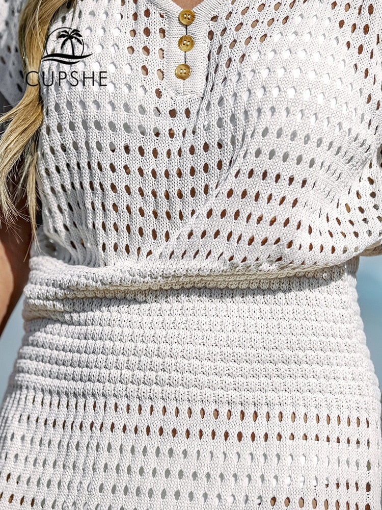 White Cutout Crochet Bikini Swim Cover Up For Women Sexy V-neck Short Sleeve Beach Tunic Mini Dress 2023 Summer Beachwear