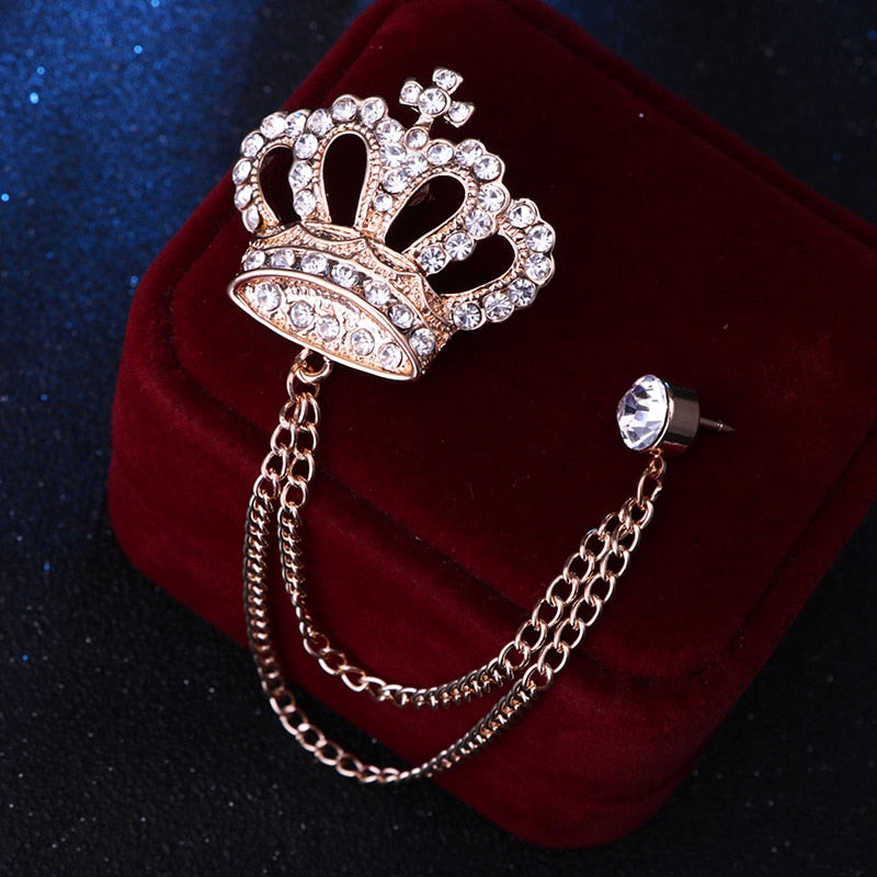 Korean Luxury Rhinestone Crown Brooch Pin Tassel Lapel Pins Suit Shirt Collar Badge Corsage Brooches for Men Jewelry Accessories