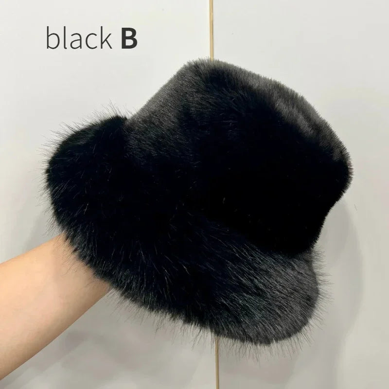 Fluffy Faux Fur Bucket Hats Women Rabbit Fur Warm Thick Plush Winter Hat Lady Fashion Luxury Panama Furry Fisherman Cap Y2k