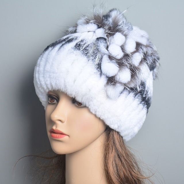 Brand Women Genuine Rex Rabbit Fur Hats Winter Rex Rabbit Fur Beanies Striped Top Flower Fox Fur Warm Real Fur Knit Caps