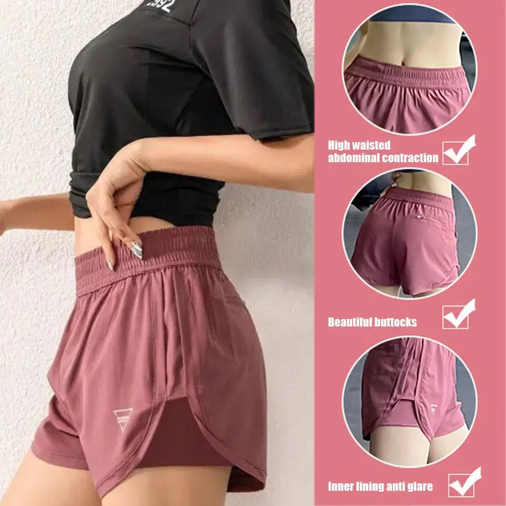 New Gym Sport Shorts Casual Outdoor Running Quick Dry Elastic Shorts High Training Two Pieces Pants Waist Shorts Short For Women