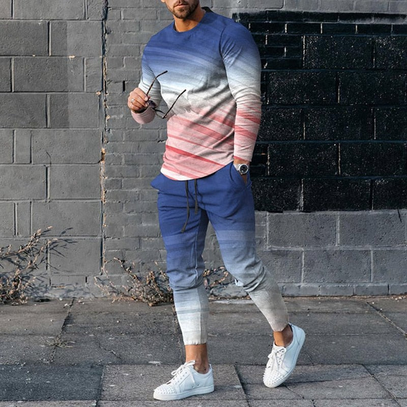 Men&#39;s Long Sleeve T-shirts and Pants Two Piece Blue Red Geometry  3D Printed Men&#39;s Sets Casual Suit nike tech fleece