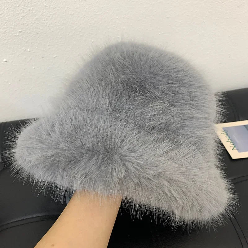 Fluffy Faux Fur Bucket Hats Women Rabbit Fur Warm Thick Plush Winter Hat Lady Fashion Luxury Panama Furry Fisherman Cap Y2k