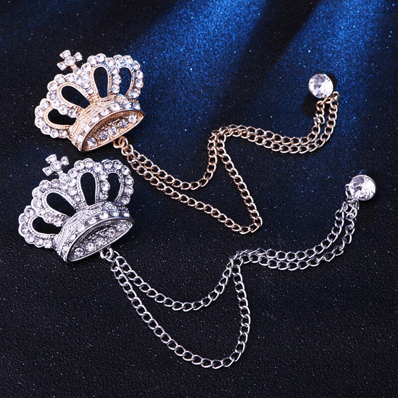 Korean Luxury Rhinestone Crown Brooch Pin Tassel Lapel Pins Suit Shirt Collar Badge Corsage Brooches for Men Jewelry Accessories