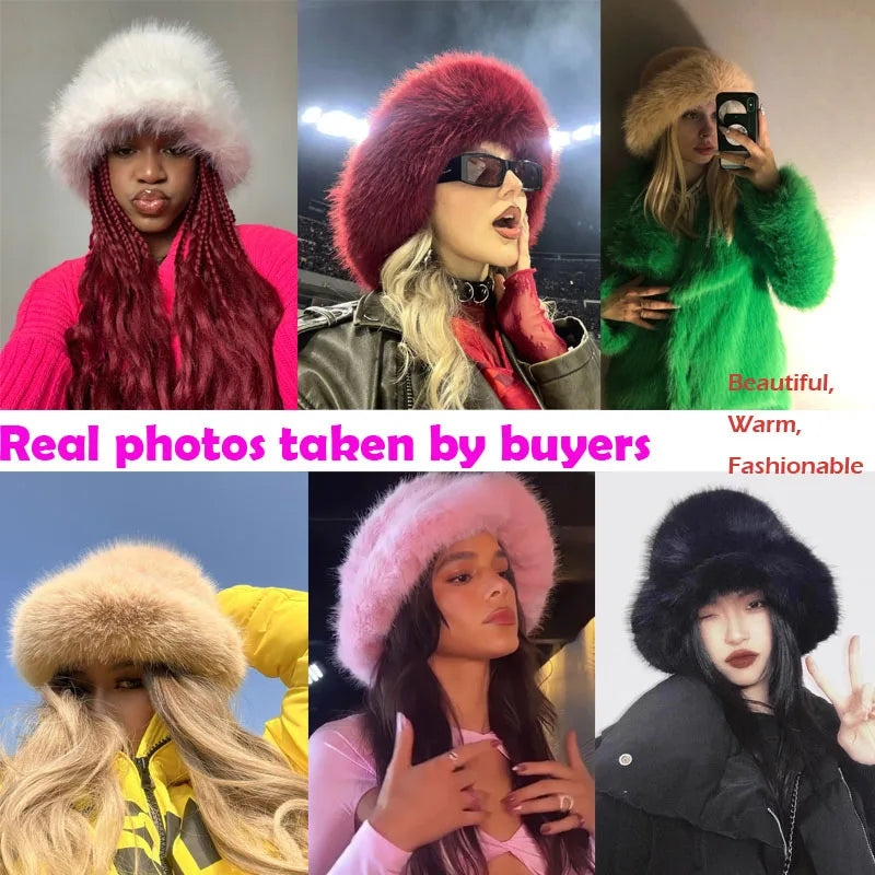 Fluffy Faux Fur Bucket Hats Women Rabbit Fur Warm Thick Plush Winter Hat Lady Fashion Luxury Panama Furry Fisherman Cap Y2k