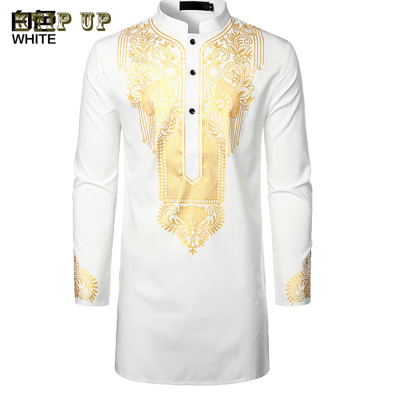 Luxury Casual Islamic Arabic Abaya Robe Fashion Ethnic Print Stand Collar Youth Mid-length Shirt Coat 2023 Muslim Men Clothing