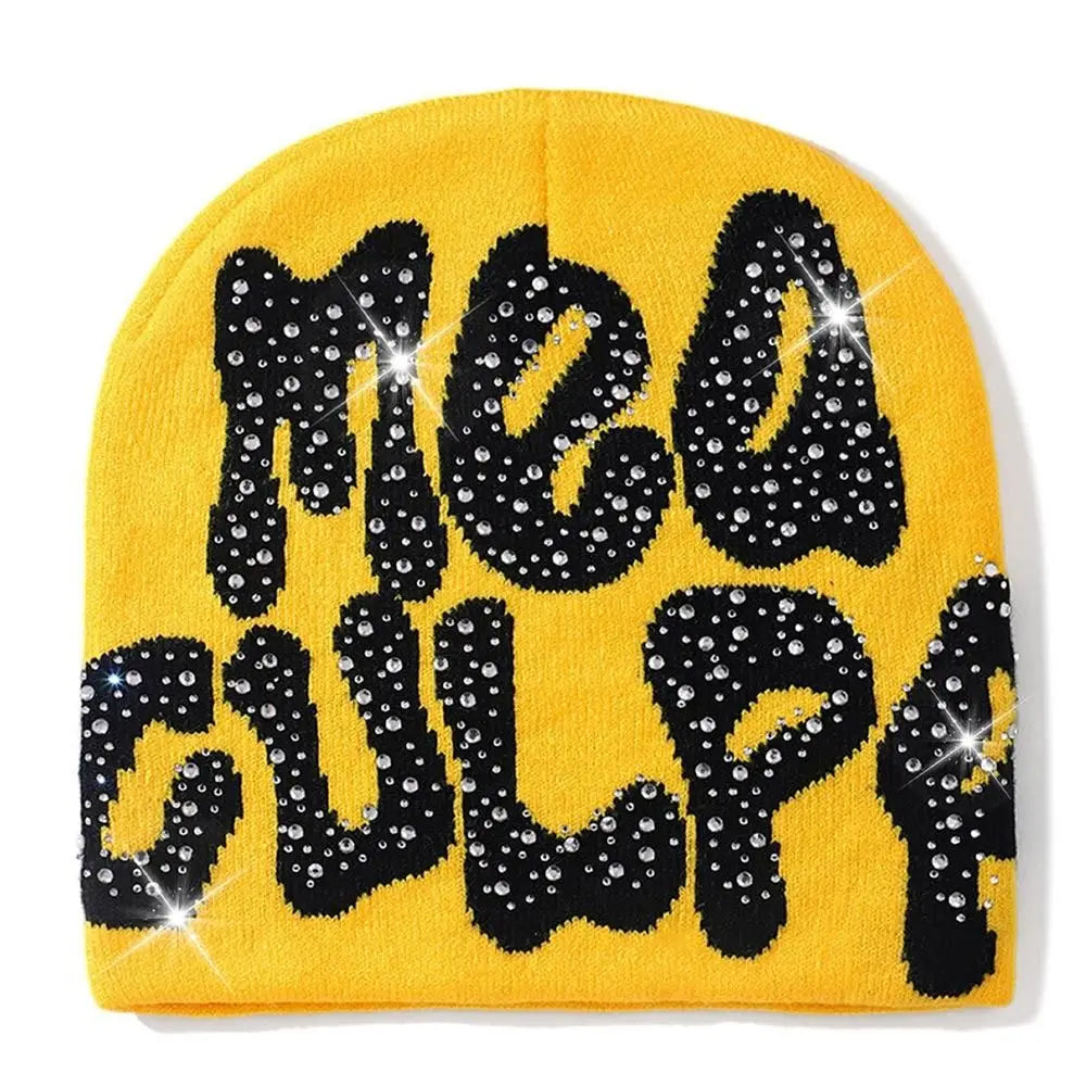 NEW Y2K MEA Culpa Beanies Hat with Rhinestone for Women Men Beanies Hats Hip-hop Soft Stretch Warm Knitted Slouchy Cap