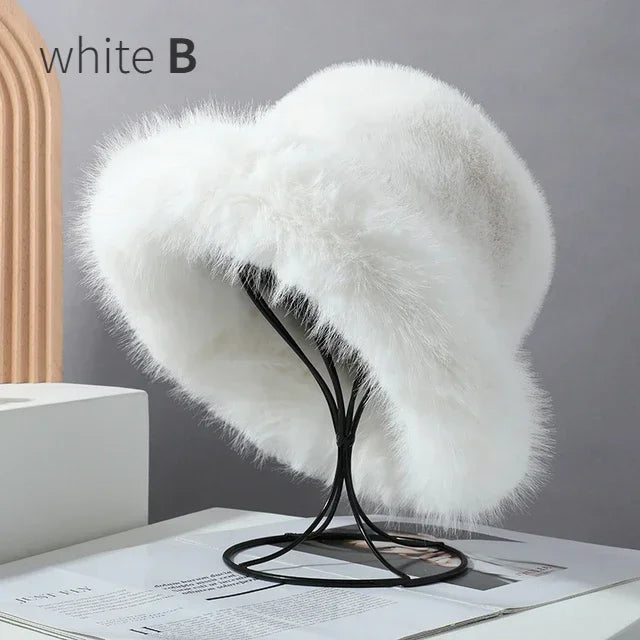 Fluffy Faux Fur Bucket Hats Women Rabbit Fur Warm Thick Plush Winter Hat Lady Fashion Luxury Panama Furry Fisherman Cap Y2k