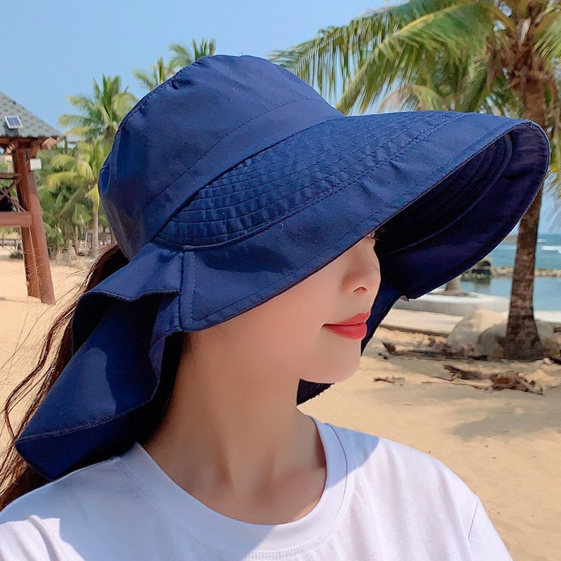 Sparsil Women&#39;s Summer Hat for The Sun Wide Brim UV Neck Protection Solar Beach Hats Foldable Ponytail Travel Sun Panama Caps