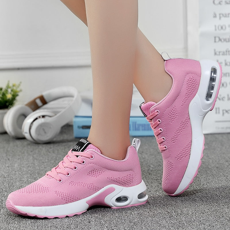 Women&#39;s Fashion Air Cushion Sports Running Flat Soft Bottom Sneaker Mesh Breathable Casual Shoes for Women 2021zapatillas Mujer