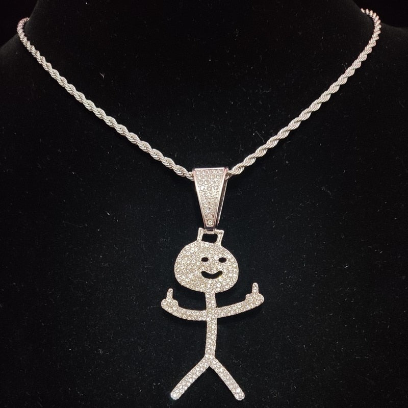 Men Women Hip Hop Stickman Middle Finger Pendant Necklace Fashion HipHop Iced Out Bling Funny Pendants Necklaces Charm Jewelry