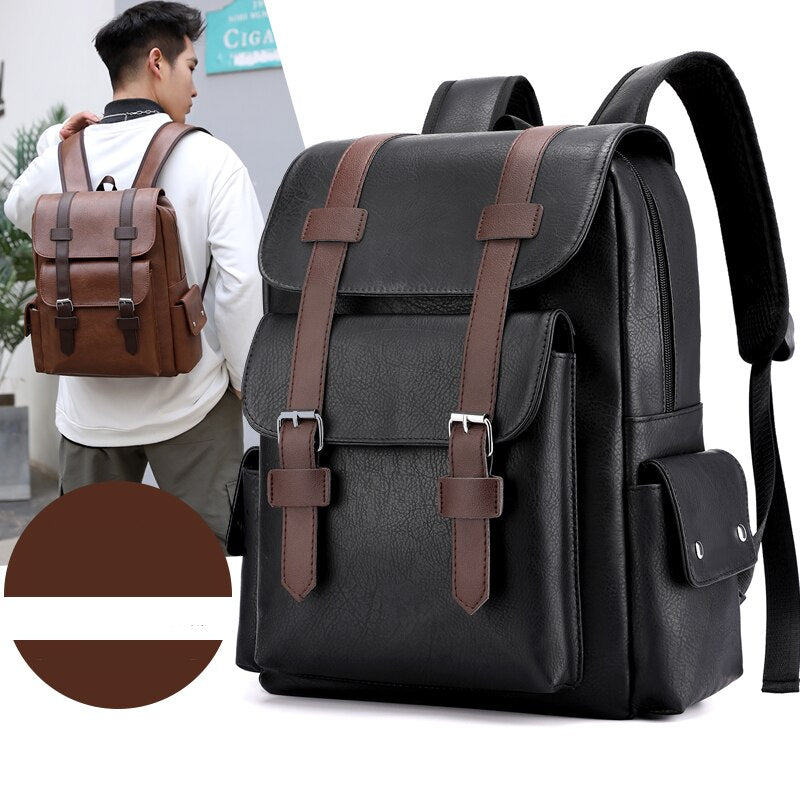 Men Backpack PU Leather Bagpack Large Laptop Backpacks Male Mochilas Black Schoolbag For Teenagers Boys Brown Sac A Dos