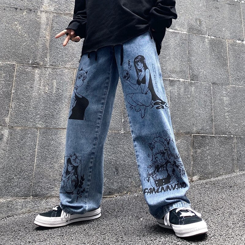 Anime Girl Printed Jean Pant Men Japanese Cartoons Hip Hop Harem Trousers Harajuku Streetwear Loose Wide Leg Casual Denim Pants