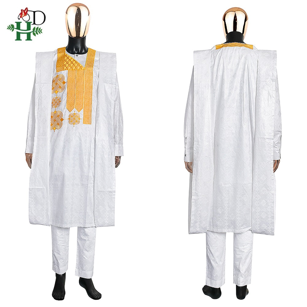 African Clothes for Men Traditional Bazin Riche Embroidery White Clothing Men 3 PCS Set Wedding Party Occasion Dress Dashiki