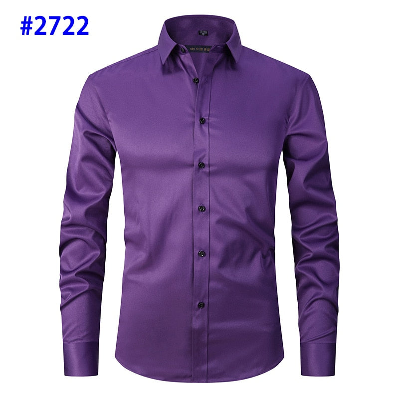 Men&#39;s Dress Shirts Casual Slim Fit Long Sleeve Male Social Shirts Comfortable Non Iron Solid Chemise Homme Blue