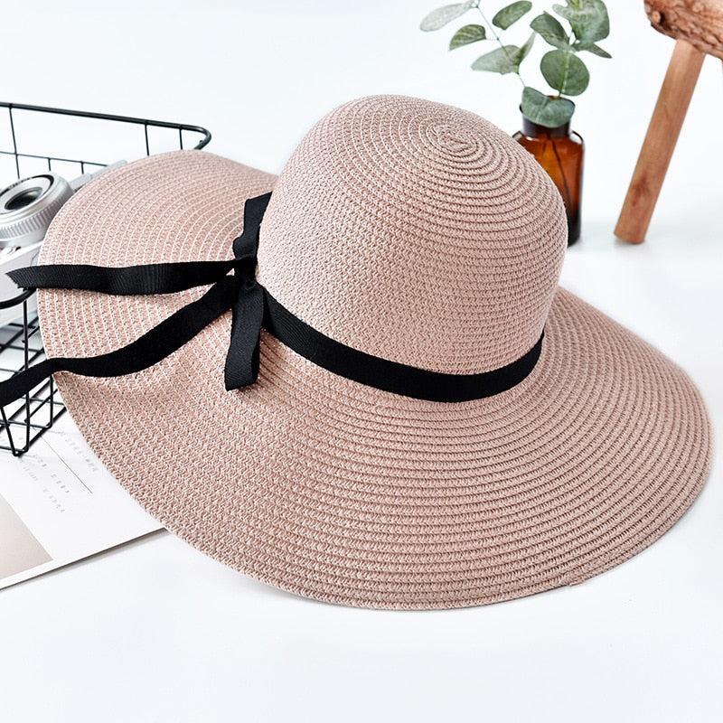 New Simple Foldable Wide Brim Floppy Girls Straw Hat Sun Hat Beach Women Summer Hat UV Protect Travel Cap Lady Cap Female