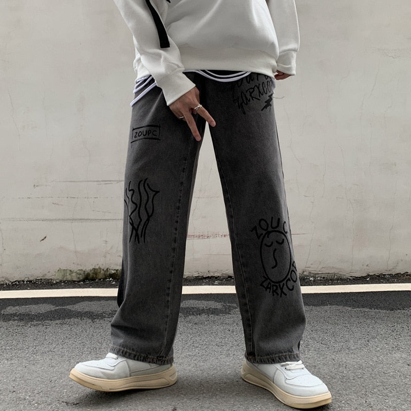 Vintage Washed Jeans Men Women Streetwear Jeans Harajuku Cartoon Anime Print Jeans Fashion GirlJeans Loose Wide Leg Pants Cotton