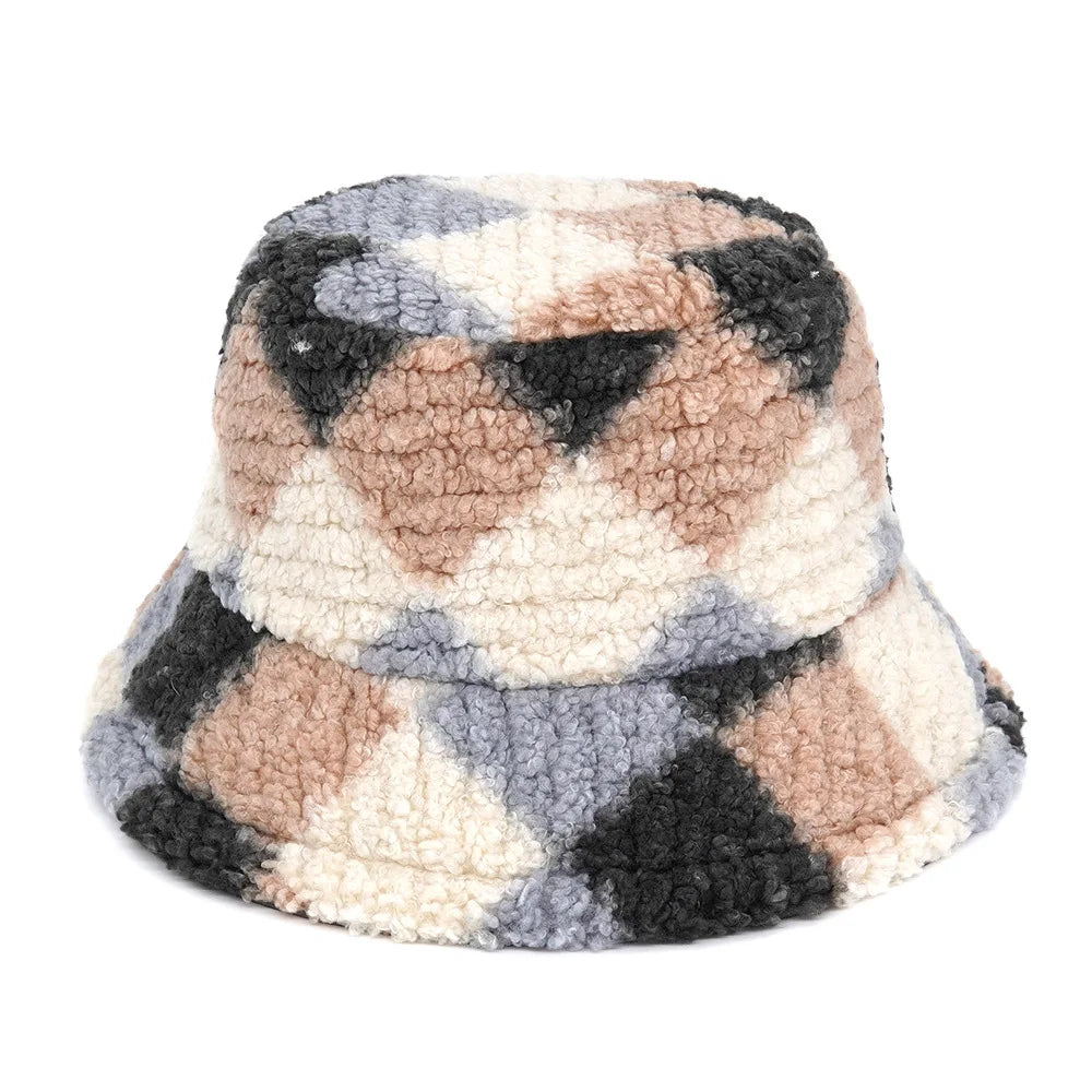 Winter Bucket Hats Women Fashion Print Ladies Warm Panama Hat Wool Soft Velvet Thickened Fur Rabbit Hair Outdoor Fisherman Hat