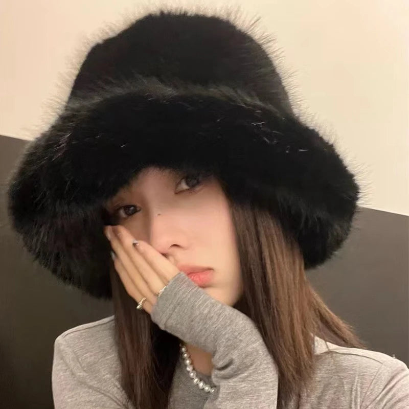 Fluffy Faux Fur Bucket Hats Women Rabbit Fur Warm Thick Plush Winter Hat Lady Fashion Luxury Panama Furry Fisherman Cap Y2k