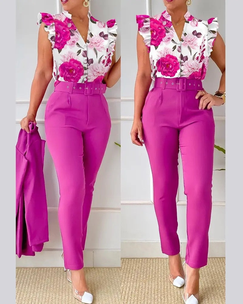 Summer Fashion Print Two Piece Set Women Casual Office ladies Button Flying Sleeve Shirt Pants Two Piece Set Women