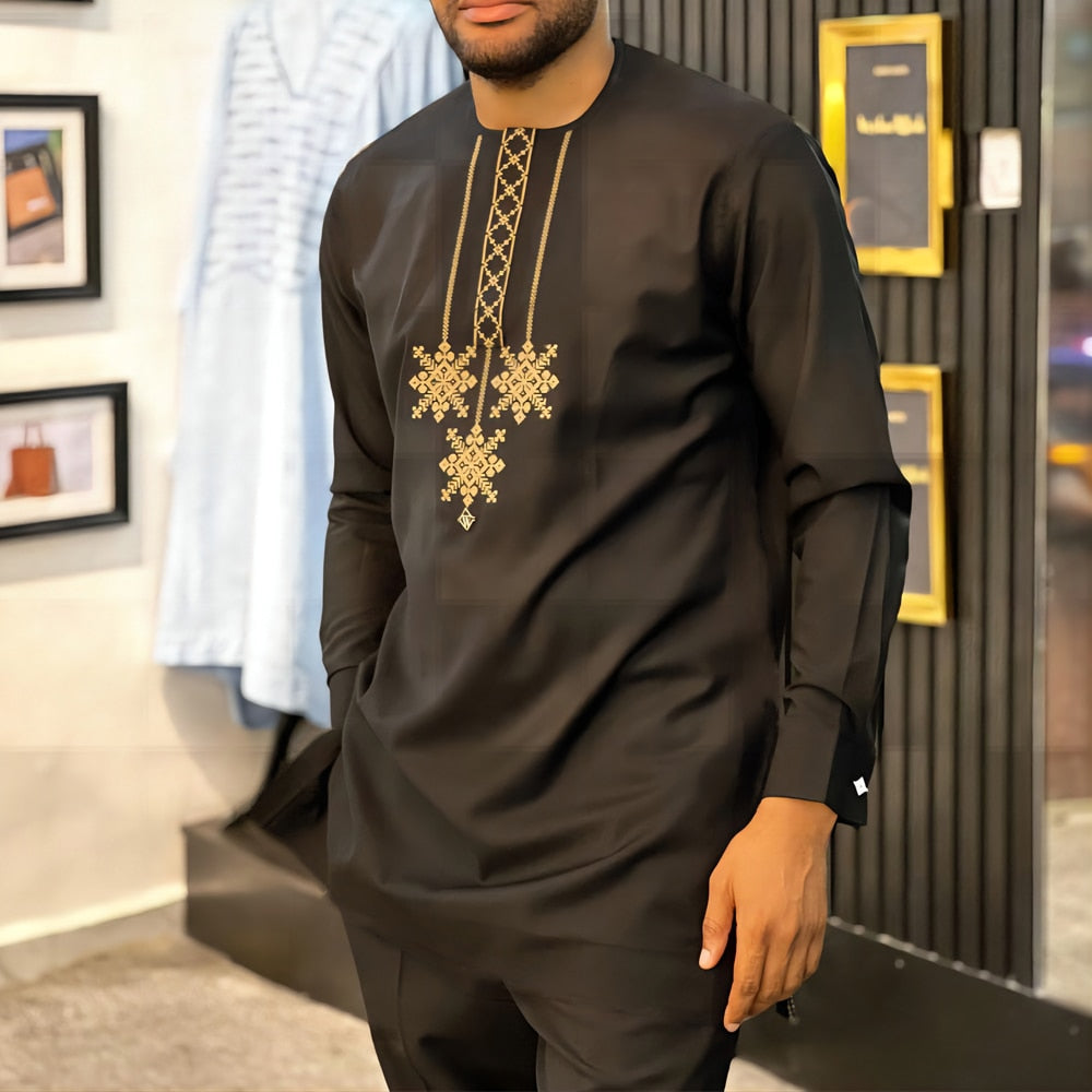 Men's 2-Piece Suit Set - Solid Color Round Neck Embroidery Long Sleeve Top and Trousers, Perfect for Wedding and Ethnic Inspired Style