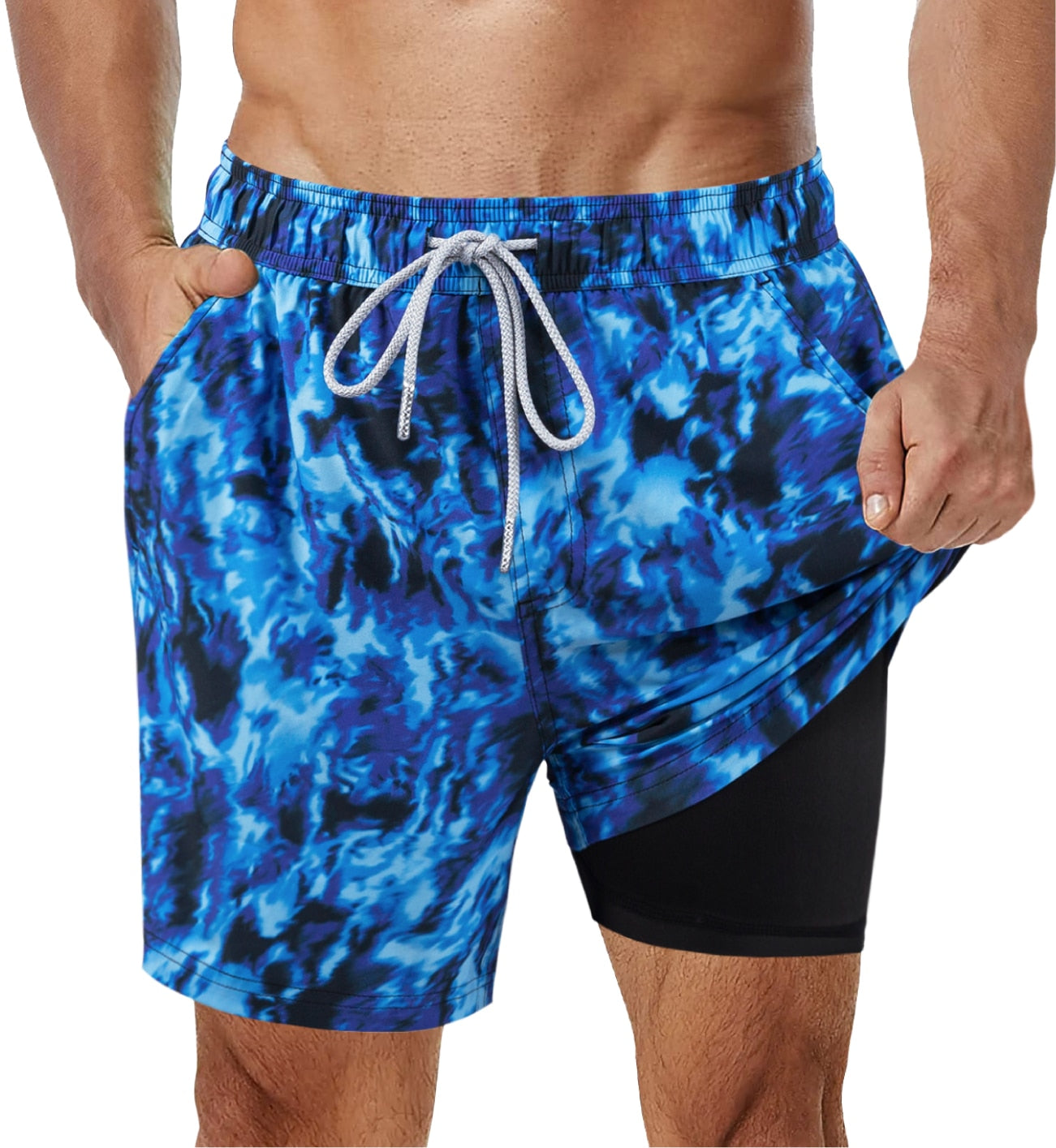 SURFCUZ Mens Swimming Trunks with Compression Liner Stretch Mens Swimwear 2 in 1 Quick Dry Running Gym Swim Shorts for Men