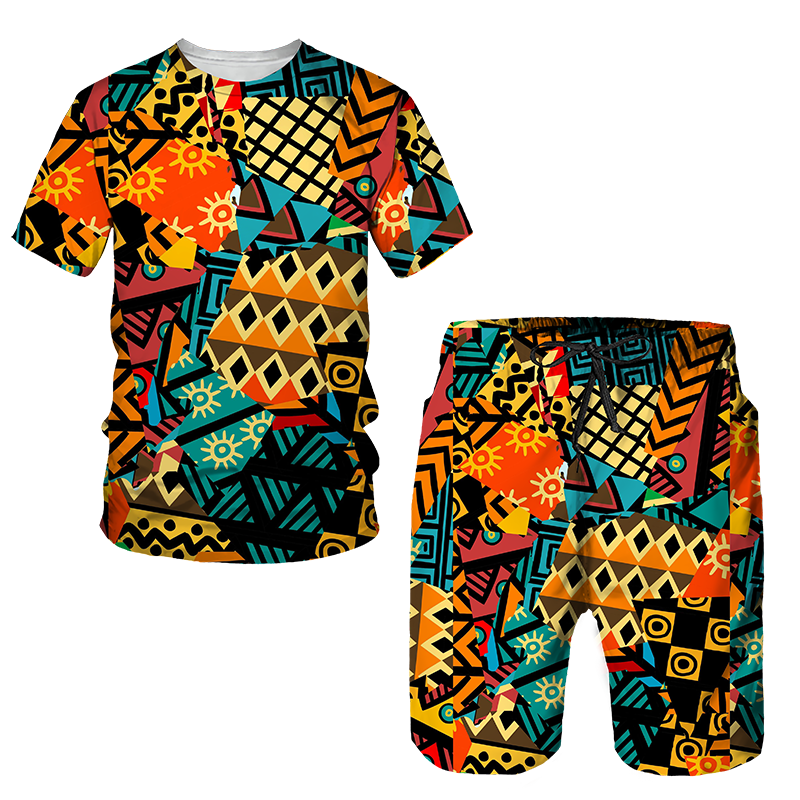 Men&#39;s African Style Summer Tracksuit Ethnic Totem Print T-Shirt Shorts Set Casual Clothing Vintage Oversized Fashion Outfits