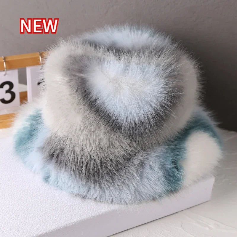 Fluffy Faux Fur Bucket Hats Women Rabbit Fur Warm Thick Plush Winter Hat Lady Fashion Luxury Panama Furry Fisherman Cap Y2k