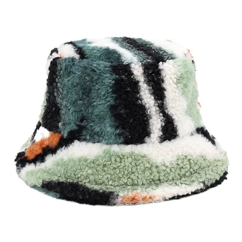 Winter Bucket Hats Women Fashion Print Ladies Warm Panama Hat Wool Soft Velvet Thickened Fur Rabbit Hair Outdoor Fisherman Hat