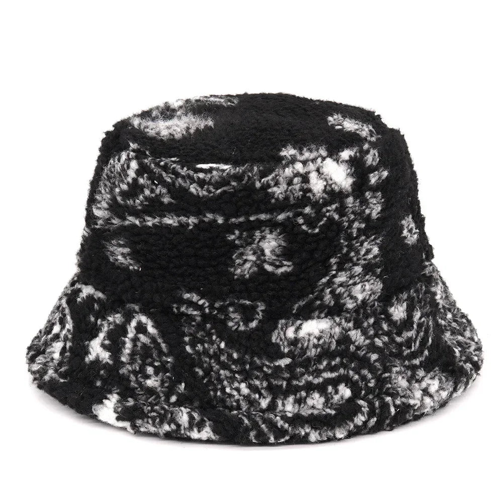 Winter Bucket Hats Women Fashion Print Ladies Warm Panama Hat Wool Soft Velvet Thickened Fur Rabbit Hair Outdoor Fisherman Hat