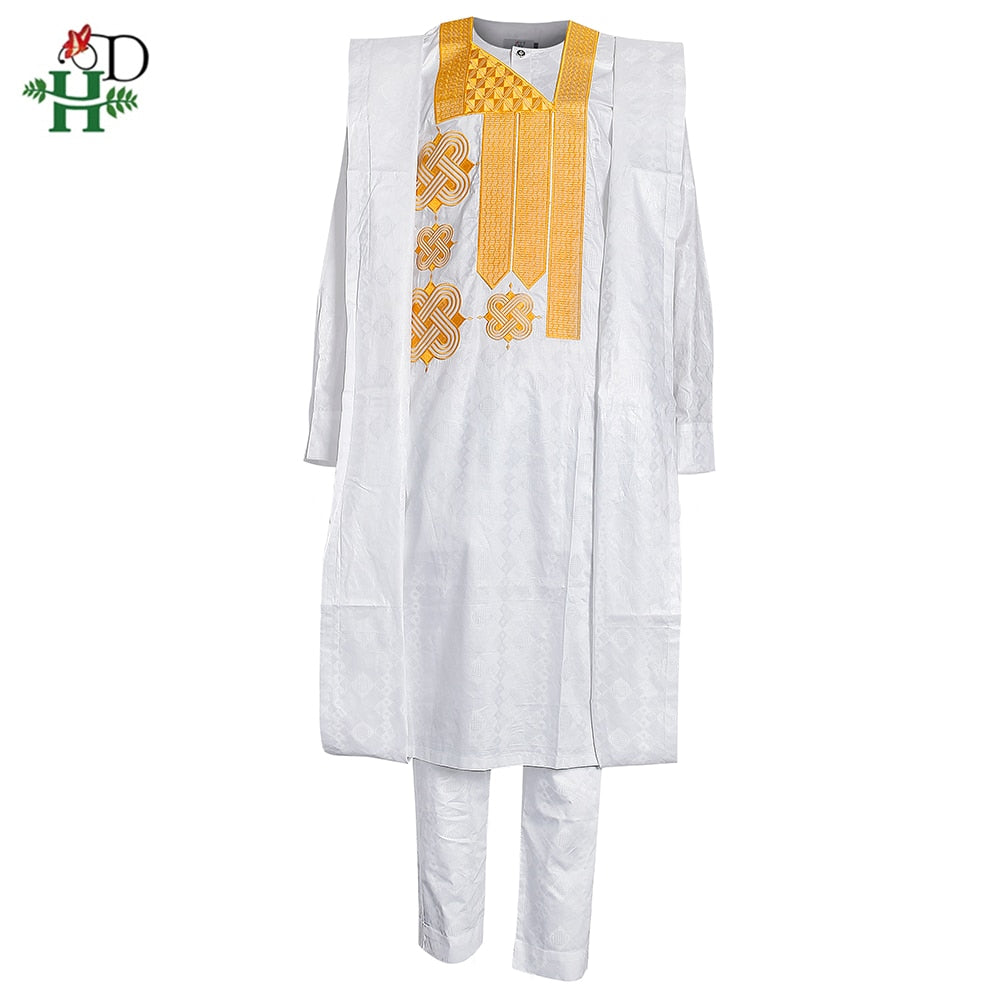African Clothes for Men Traditional Bazin Riche Embroidery White Clothing Men 3 PCS Set Wedding Party Occasion Dress Dashiki
